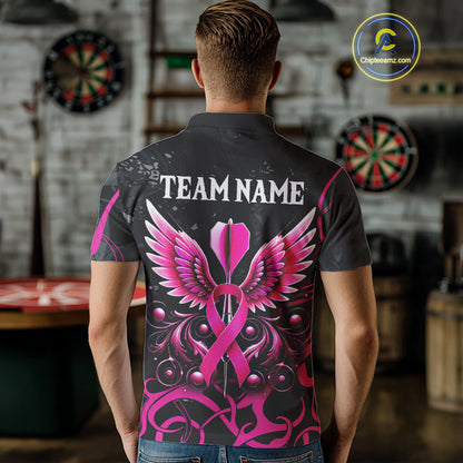 Pink Black Custom Breast Cancer Wings Dart Shirt For Men With Pocket Option TDM4491