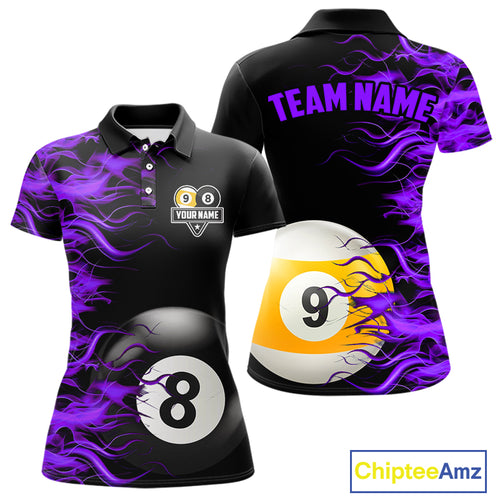 Purple Flaming 8 Ball & 9 Ball Billiard Shirt For Women Custom Pool Team Jersey Polo & 1/4 Zip TDM4713