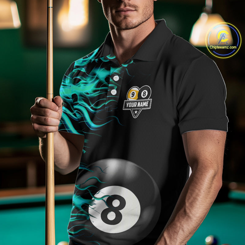 Turquoise Flaming 8 Ball & 9 Ball Billiard Shirt For Men Custom Pool Team Jersey Polo & 1/4 Zip TDM4714