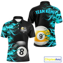 Load image into Gallery viewer, Turquoise Flaming 8 Ball &amp; 9 Ball Billiard Shirt For Men Custom Pool Team Jersey Polo &amp; 1/4 Zip TDM4714