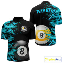 Load image into Gallery viewer, Turquoise Flaming 8 Ball &amp; 9 Ball Billiard Shirt For Men Custom Pool Team Jersey Polo &amp; 1/4 Zip TDM4714