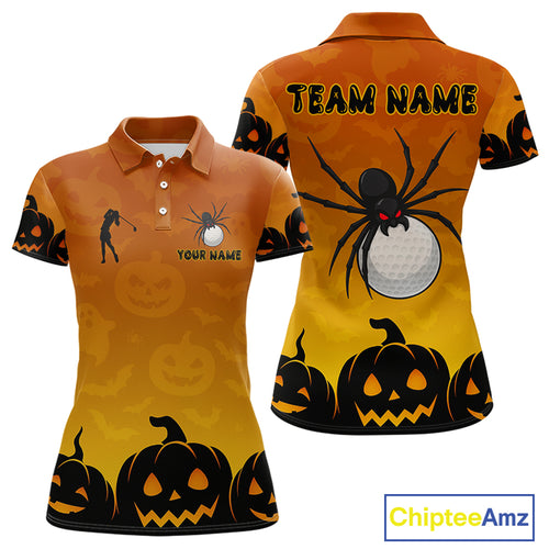 Personalized Orange Funny Spider Golf Polo Shirt For Women Custom Halloween Ladies Golf Outfit Gifts TDM4924