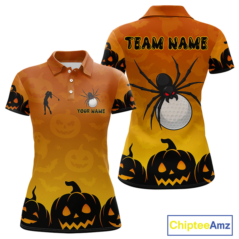Personalized Orange Funny Spider Golf Polo Shirt For Women Custom Halloween Ladies Golf Outfit Gifts TDM4924