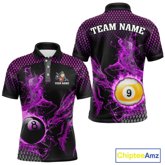 Purple 8 Ball & 9 Ball Flame Smoke Custom Dragon Billiard Shirts For Men, Billiard Team Jersey TDM5632