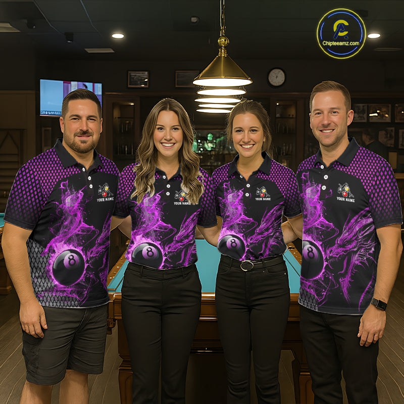 Purple 8 Ball & 9 Ball Flame Smoke Custom Dragon Billiard Shirts For Men, Billiard Team Jersey TDM5632
