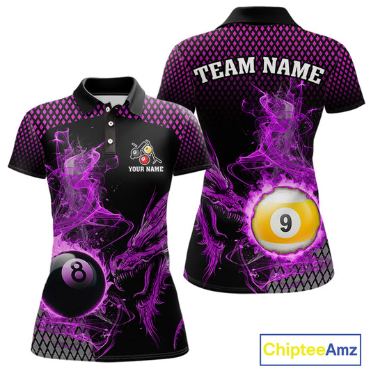 Purple 8 Ball & 9 Ball Flame Smoke Custom Dragon Billiard Shirts For Women, Billiard Team Jersey TDM5632