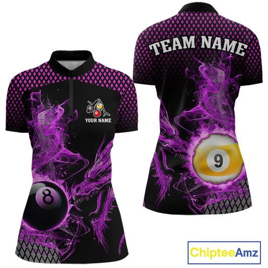 Purple 8 Ball & 9 Ball Flame Smoke Custom Dragon Billiard Shirts For Women, Billiard Team Jersey TDM5632