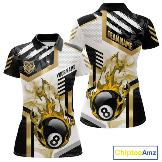Gold 8 Ball Pool Fire Flame Smoke Custom Billiard Shirts For Women, Billiard Jerseys Team Uniform TDM5848