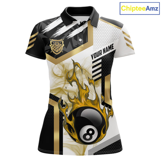 Gold 8 Ball Pool Fire Flame Smoke Custom Billiard Shirts For Women, Billiard Jerseys Team Uniform TDM5848