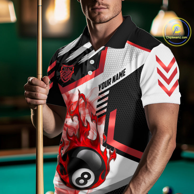 Red 8 Ball Pool Fire Flame Smoke Custom Billiard Shirts For Men, Billiard Jerseys Team Uniform TDM5849