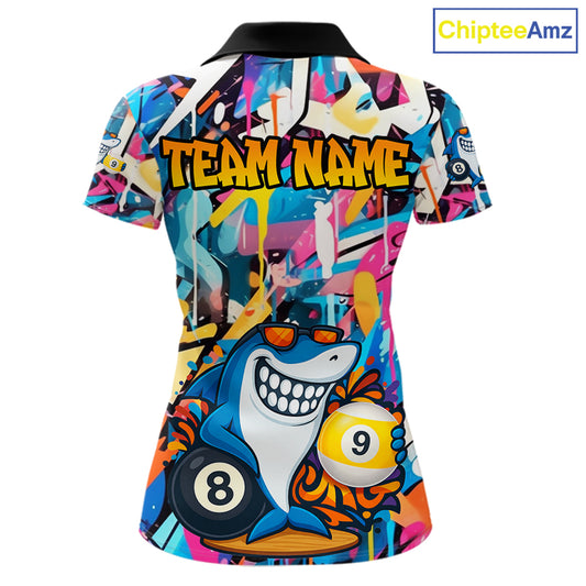 Funny Shark Colorful Graffiti Style Custom 8 & 9 Ball Billiard Shirt For Women, Billiard Team Jersey TDM5852