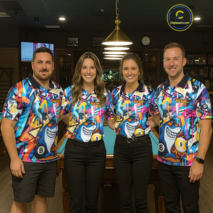 Funny Shark Colorful Graffiti Style Custom 8 & 9 Ball Billiard Shirt For Men, Billiard Team Jersey TDM5852