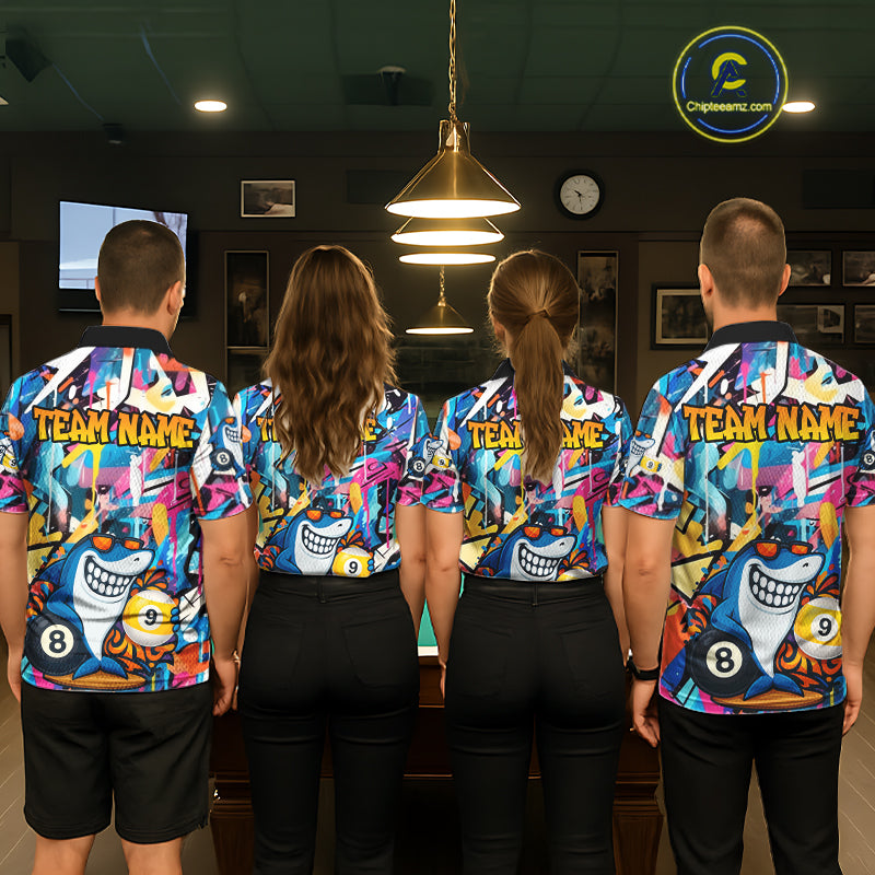 Funny Shark Colorful Graffiti Style Custom 8 & 9 Ball Billiard Shirt For Men, Billiard Team Jersey TDM5852