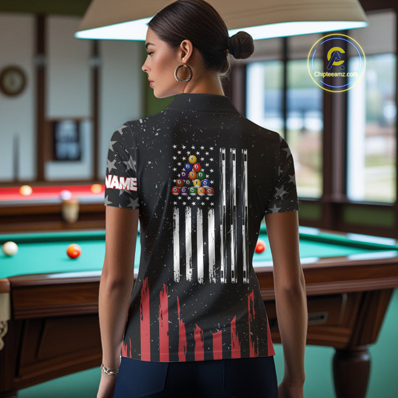 Black Grunge American Flag Billiard Shirt For Women Custom Patriotic Billiard Pool Jersey TDM3824