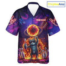 Load image into Gallery viewer, Custom Funny Cat Flame Bowling Hawaiian Shirt For Men Women, Personalized Tropical Bowling Jersey TDM6454