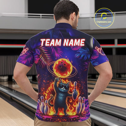 Custom Funny Cat Flame Bowling Shirt For Men, Personalized Tropical Bowling Jersey Polo & 1/4 Zip TDM6454