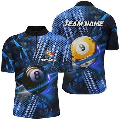 Billiard 8 Ball & 9 Ball Glowing Blue Custom Men Polo & Quarter-Zip Shirt, Billiard Apparel Attire TDM1732