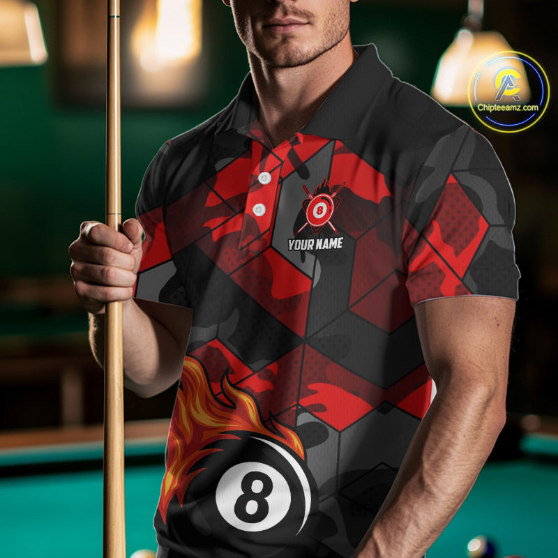 Red And Black Camo Billiard Shirt For Men Custom Flaming 8 Ball Pool Team Shirt, Billiard Jerseys TDM4119