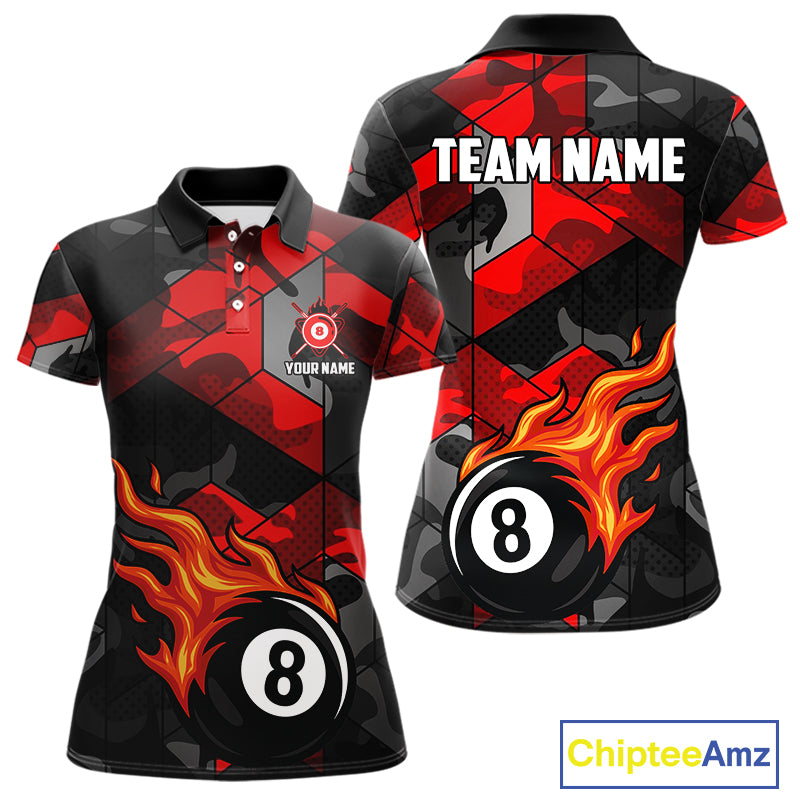 Red And Black Camo Billiard Shirt For Women Custom Flaming 8 Ball Pool Team Shirt, Billiard Jerseys TDM4119