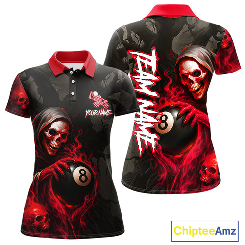 Grim Reaper Custom Flame 8 Ball Pool Billiard Shirt For Women, Black And Red Billiard Team Jerseys TDM4120