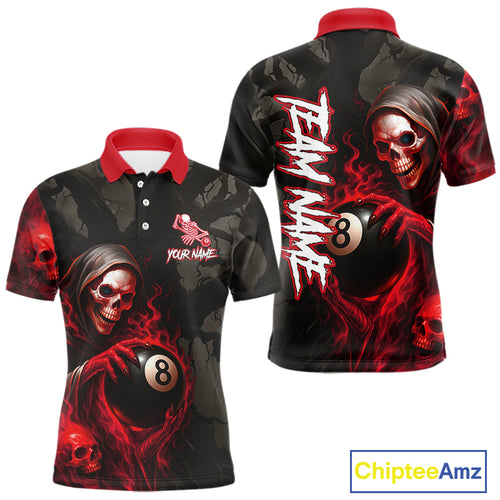 Grim Reaper Custom Flame 8 Ball Pool Billiard Shirt For Men, Black And Red Billiard Team Jerseys TDM4120