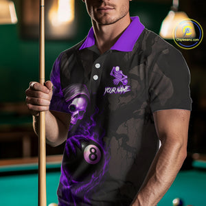 Grim Reaper Custom Flame 8 Ball Pool Billiard Shirt For Men, Purple Black Billiard Team Jersey TDM4121