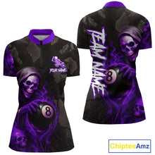 Load image into Gallery viewer, Grim Reaper Custom Flame 8 Ball Pool Billiard Shirt For Women, Purple Black Billiard Team Jersey TDM4121