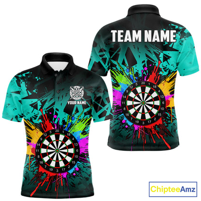 Turquoise darts polo shirt for men with dartboard design and bright team aesthetic.