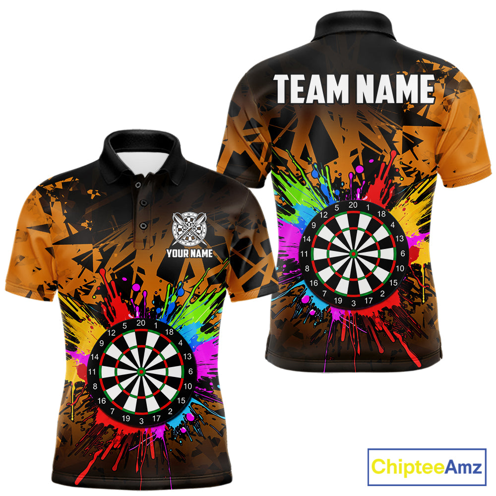 Orange darts polo shirt for men with dartboard pattern and vibrant custom team design.
