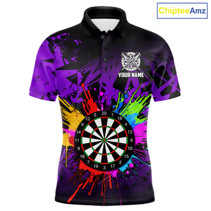 Purple funny dartboard darts shirt for men with colorful playful graphics and custom league style.