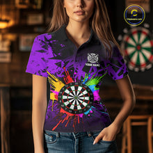Load image into Gallery viewer, Woman wearing a purple dartboard darts shirt during league match front view.