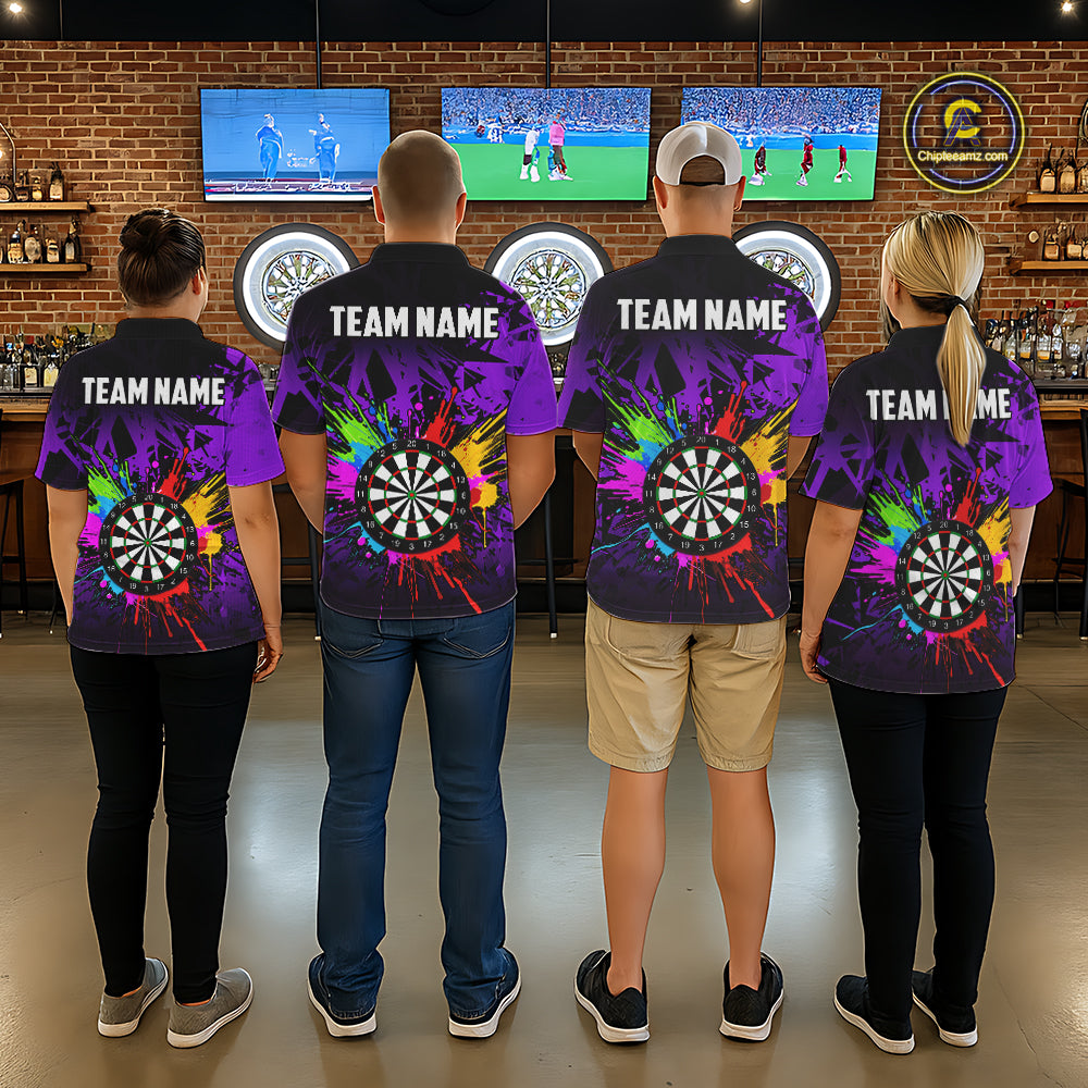 Back view of darts players wearing colorful purple jerseys during competitive league play.