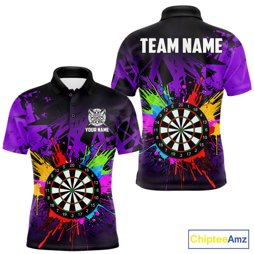 Purple darts polo shirt for men with dartboard design and vibrant casual team aesthetic.
