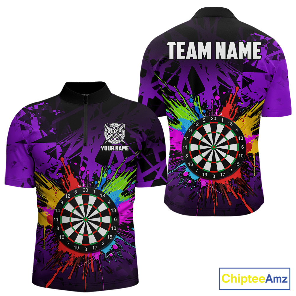 Purple funny dartboard quarter zip shirt for men built for darts tournaments and competitive play.