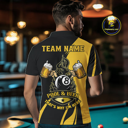 Back view of man wearing a beer themed billiard shirt inside a pool hall environment.
