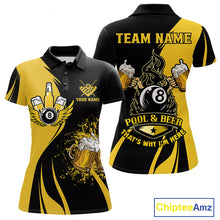Load image into Gallery viewer, Yellow and black 8 ball billiard polo shirt for women with funny beer themed graphics and casual league style.