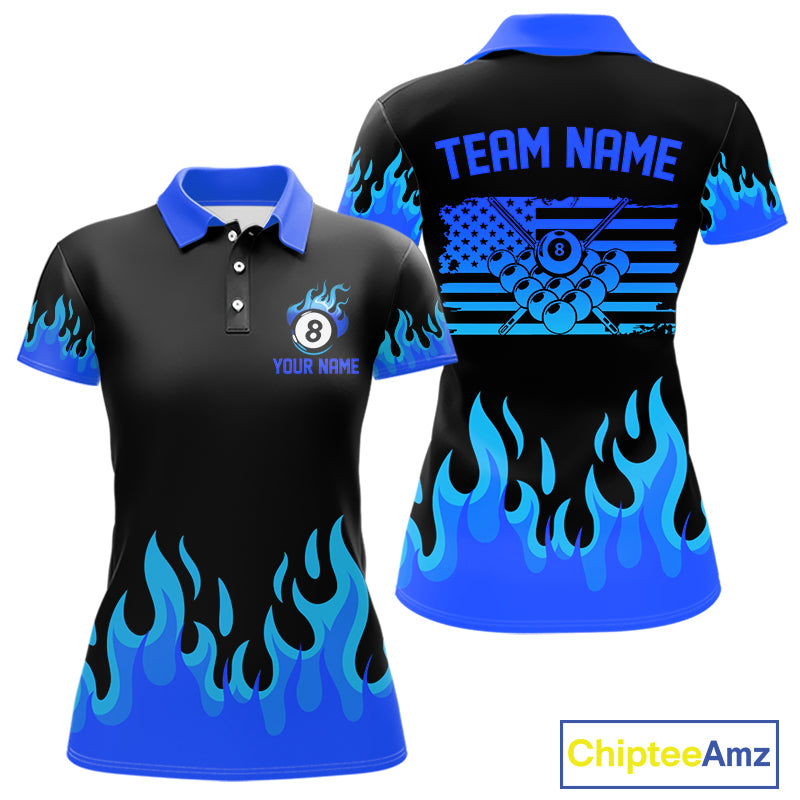 Personalized Blue Flaming Billiard Jersey For Women Custom 8 Ball Pool Billiard Team Shirts TDM4297