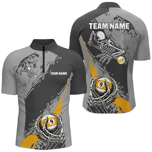 9 Ball Skeleton Custom Billiard Polo & 1/4 Zip Shirts For Men, Funny 9 Ball Pool Billiard Jerseys TDM2417