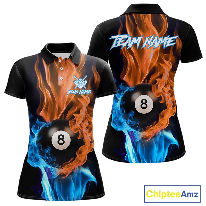 Blue And Orange Flaming Smoke 8 Ball Women's Billiard Shirt, Pool Team Shirts Custom Billiard Jersey TDM5142