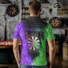 Load image into Gallery viewer, Green And Purple Flame Mens Dart Shirts Custom Dart Jersey Polo &amp; 1/4 Zip, Gifts For Dart Players TDM5145