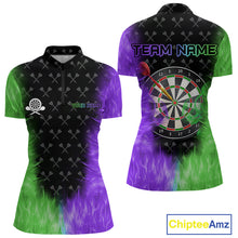 Load image into Gallery viewer, Green And Purple Flame Womens Dart Shirts Custom Dart Jersey Polo &amp; 1/4 Zip, Gifts For Dart Players TDM5145