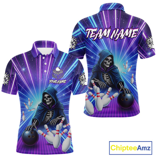 Funny Grim Reaper Blue Purple Neon Bowling Shirt For Men Custom Lighting Bowling Team Jersey TDM5863
