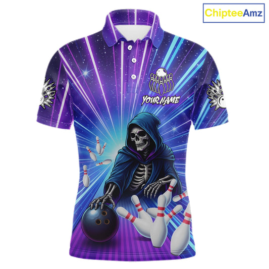 Funny Grim Reaper Blue Purple Neon Bowling Shirt For Men Custom Lighting Bowling Team Jersey TDM5863