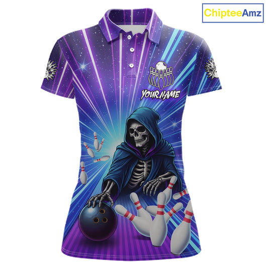 Funny Grim Reaper Blue Purple Neon Bowling Shirt For Women Custom Lighting Bowling Team Jersey TDM5863