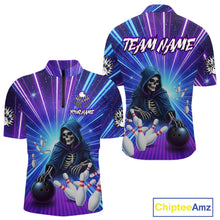 Load image into Gallery viewer, Funny Grim Reaper Blue Purple Neon Bowling Shirt For Men Custom Lighting Bowling Team Jersey TDM5863