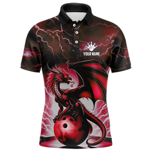 Red Thunder Lightning Custom Dragon Bowling Shirts For Men, Bowling Team Jerseys Polo & 1/4 Zip TDM3679