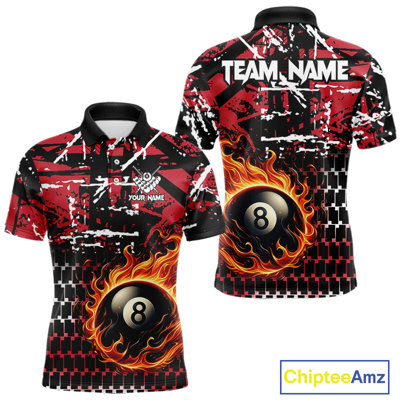 Grunge Black And Red Flaming 8 Ball Pool Men's Billiard Shirts Custom Billiard Jerseys Team Shirts TDM3833