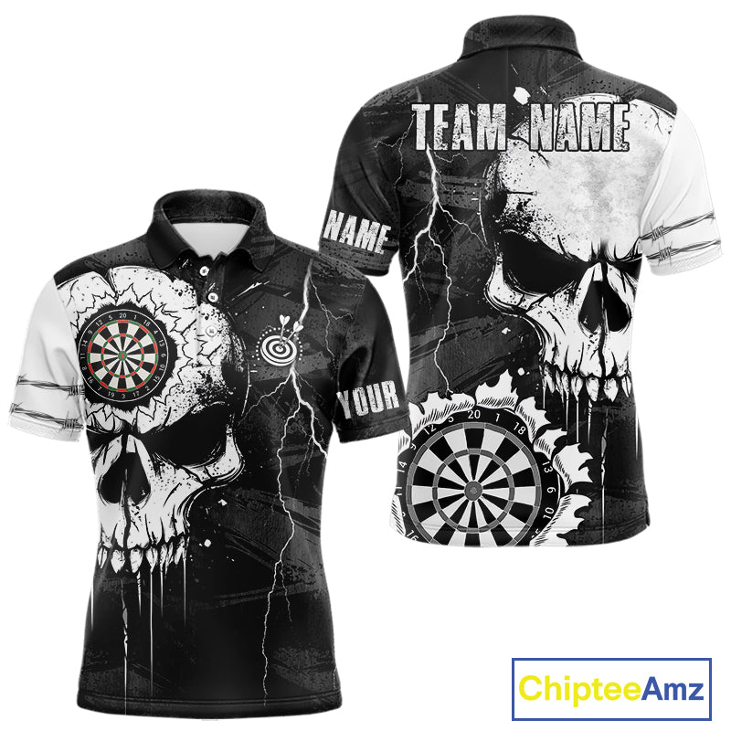 Custom Black And White Grunge Skull Dart Shirts For Men | Team Darts Jerseys - Polo & Quarter Zip TDM3955