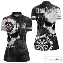 Load image into Gallery viewer, Custom Black And White Grunge Skull Dart Shirts For Women | Team Darts Jerseys - Polo &amp; Quarter Zip TDM3955