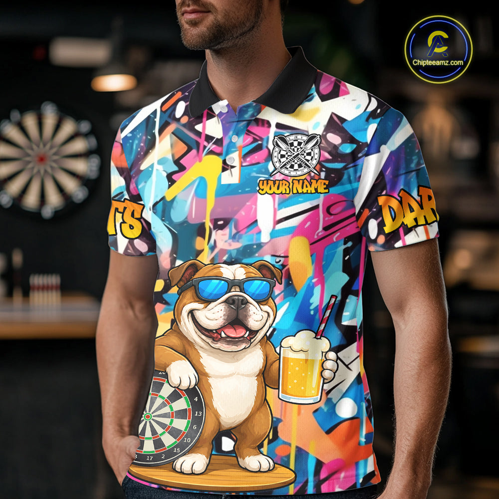 Funny Bulldog Colorful Graffiti Darts Shirt For Men Custom Darts Team Jersey Polo & 1/4 Zip TDM6464